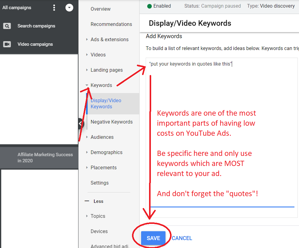 youtube ads how to set keywords