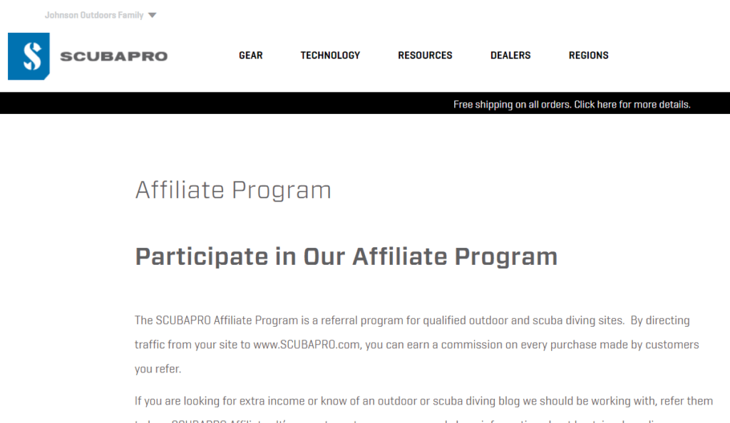 scuba pro affiliate program screenshot