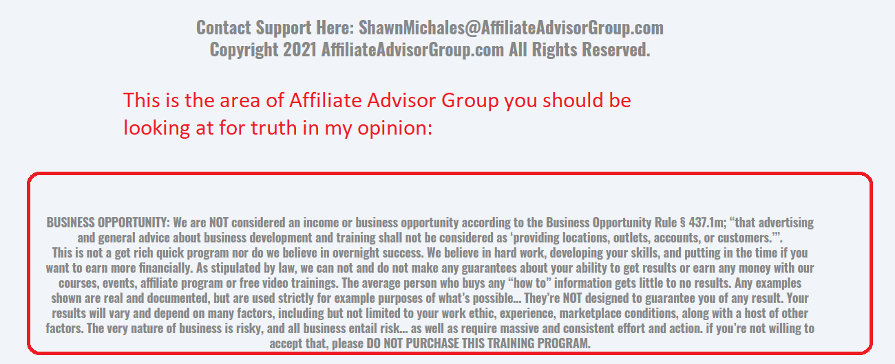 affiliate advisor group disclaimer screenshot