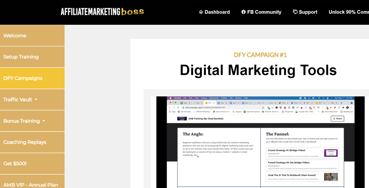 affiliate marketing boss members area screenshot