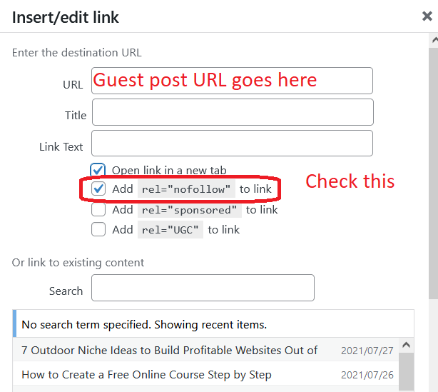 how to add rel no follow on guest post external links