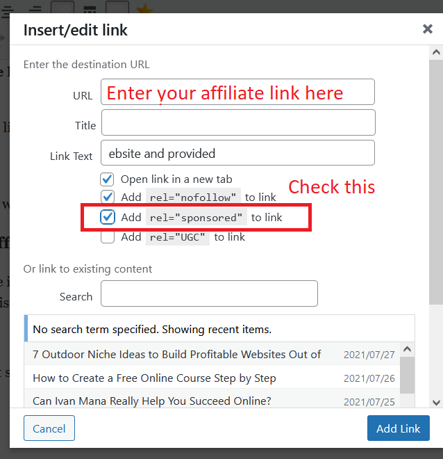 how to add rel sponsored to affiliate links in wordpress 02
