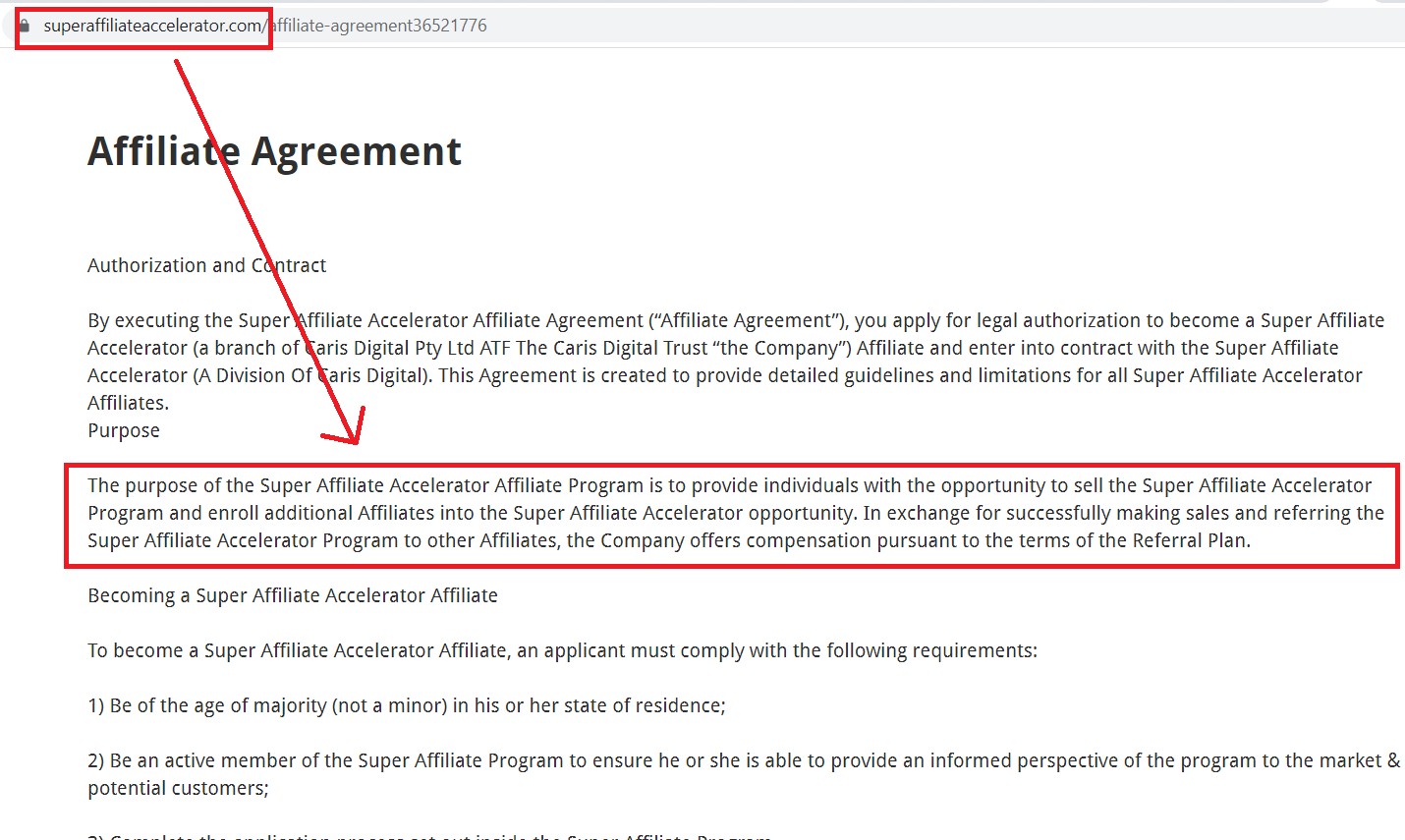 super affiliate accelerator affiliate agreement screenshot