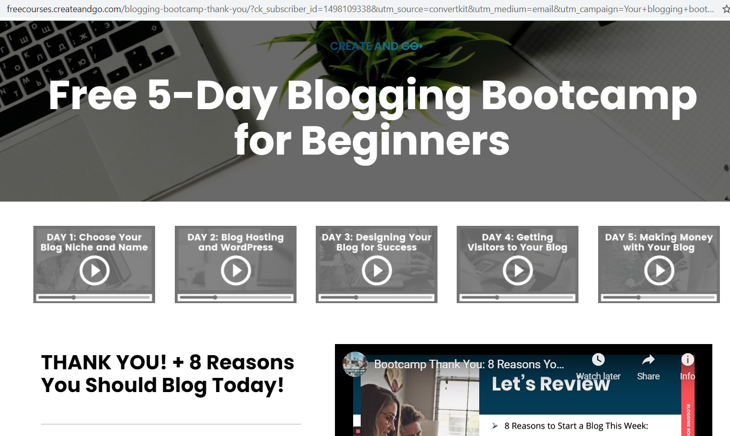 create and go 5 day blogging bootcamp screenshot