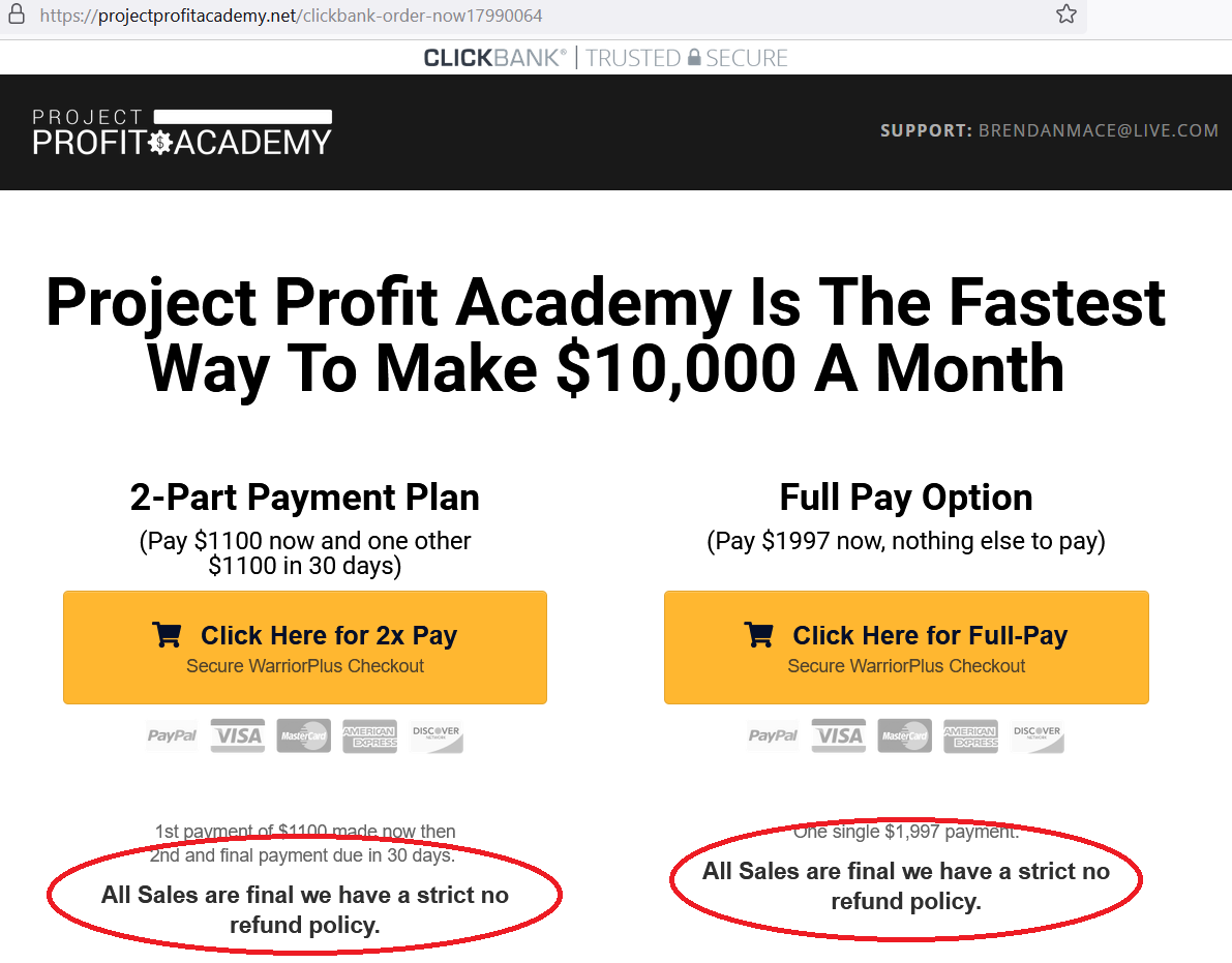 project profit academy refund policy screenshot