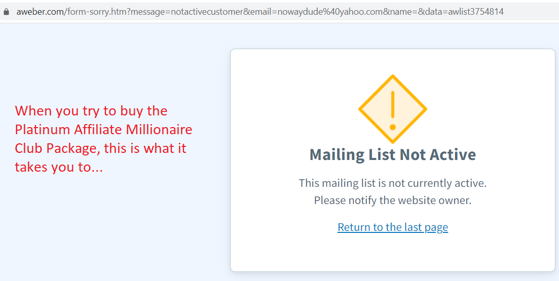 affiliate millionaire club error screenshot